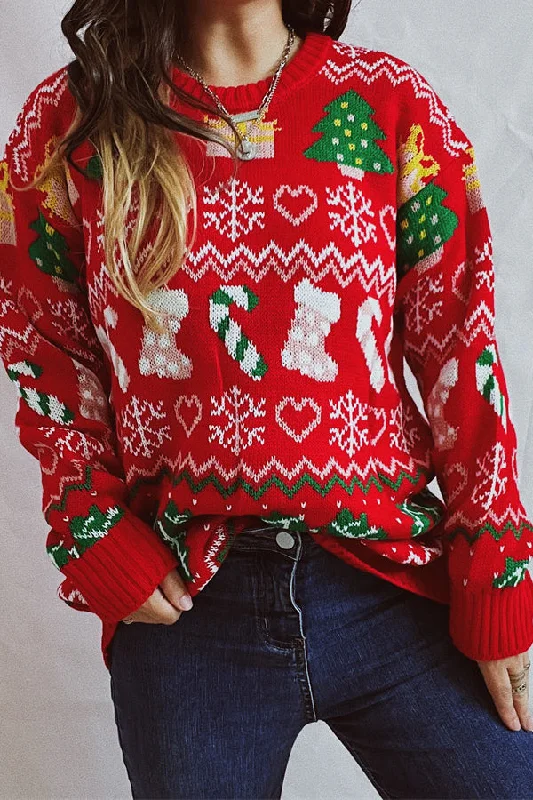 women's tops with unique designsChristmas Pattern Knitted Crew Neck Long Sleeved Sweater