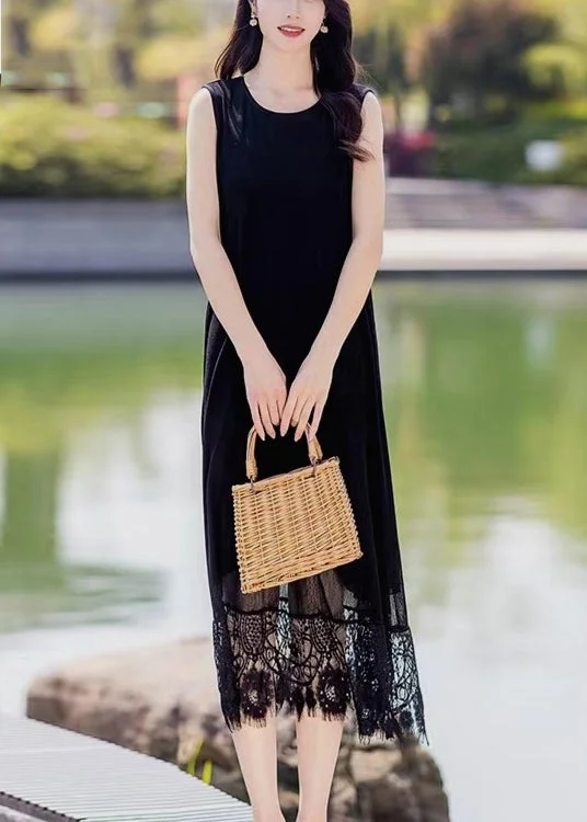 floral print maxi dressesLace Patchwork Pocket Round Neck Sleeveless Maxi Dress Black