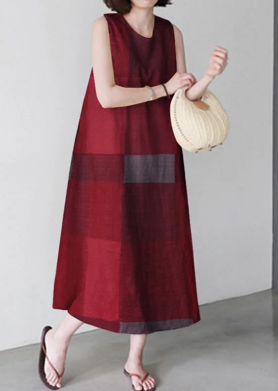 maxi dresses for summerUnique Red O-Neck Plaid Maxi Dress Sleeveless