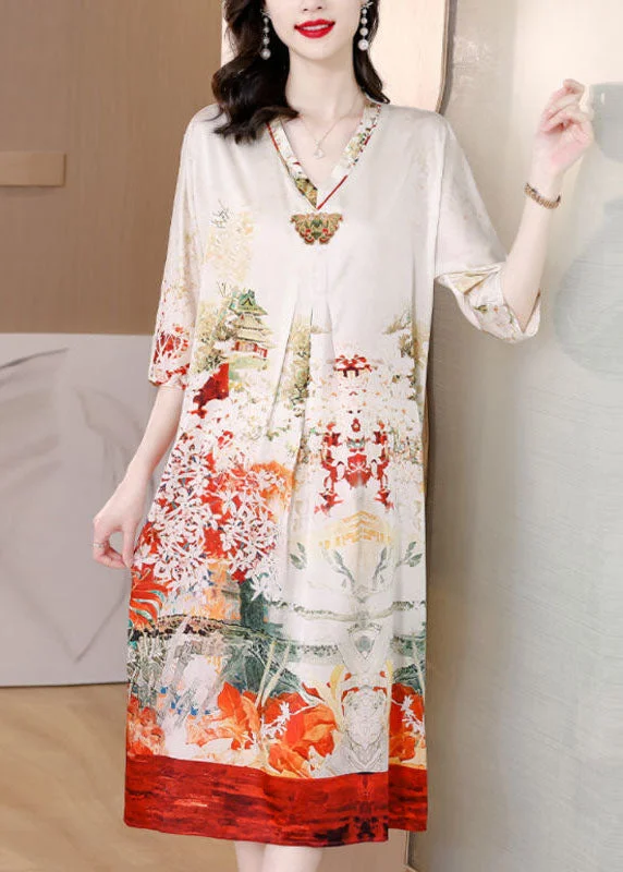 maxi dresses for date nightsFine White V Neck Print Side Open Silk Maxi Dress Half Sleeve