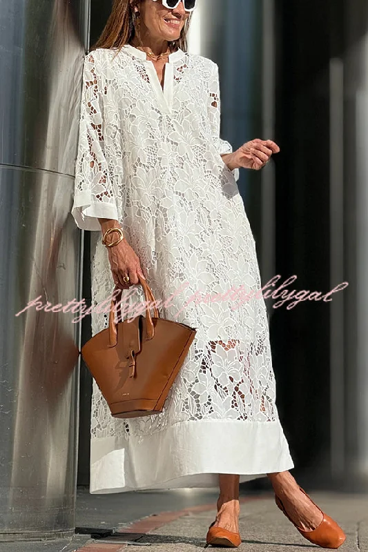 midi dresses for winterConfidence and Adventure Flower Lace V-neck Bell Sleeve Loose Midi Dress