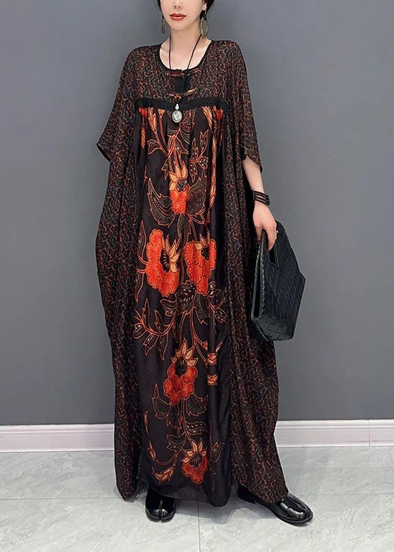 maxi dresses with high slitsItalian Chocolate Oversized Patchwork Print Silk Maxi Dresses Summer