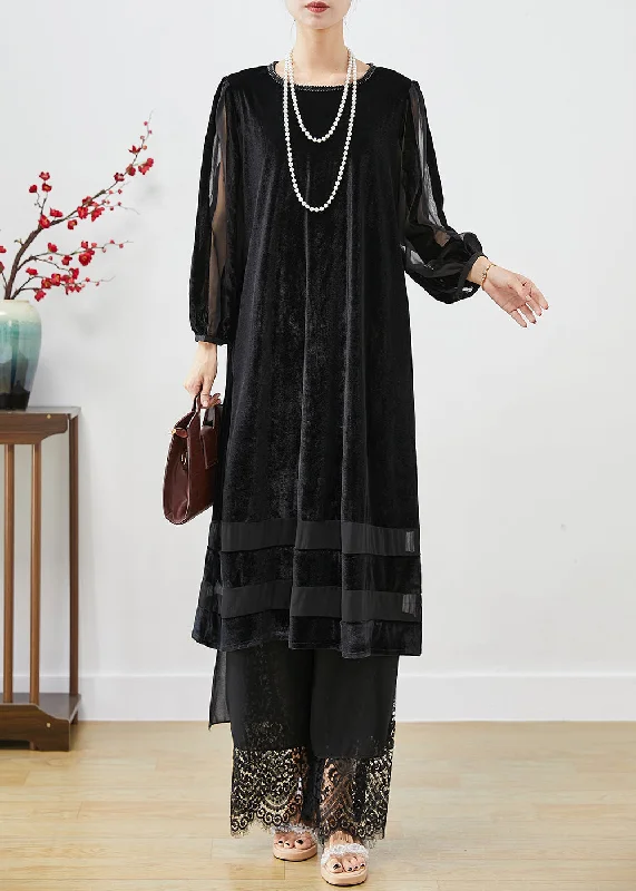 maxi dresses for formal eventsWomen Black Hollow Out Patchwork Silk Velour Maxi Dresses Bracelet Sleeve