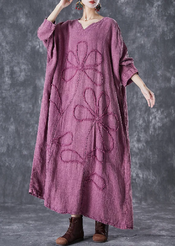 maxi dresses for mother of the brideOrganic Purple Embroideried Floral Linen Maxi Dresses Fall