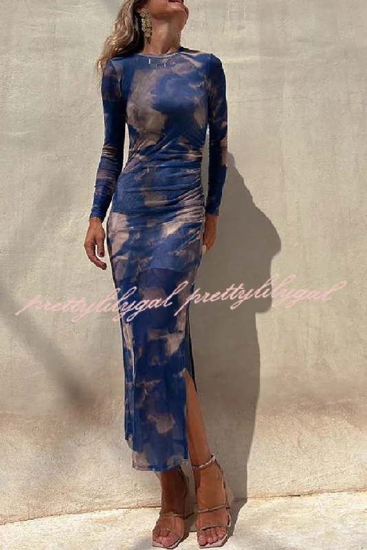 casual chic midi dressesCharm Lady Mesh Overlay Tie Dye Print Long Sleeve Ruched Stretch Midi Dress