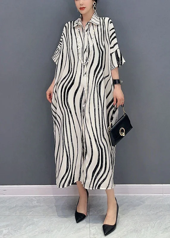 maxi dresses for boat ridesWhite Zebra Pattern Maxi Dress Oversized Turn-down Collar Summer