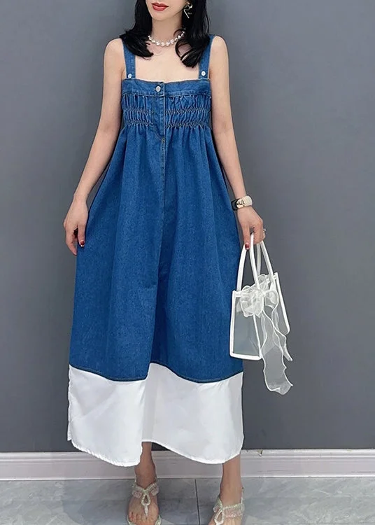 maxi dresses for music festivalsBrief Denim Blue Slash Neck Patchwork Cinched Button Maxi Dress Summer