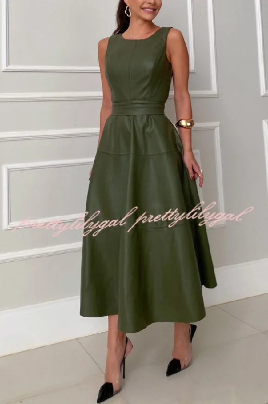 satin midi dressesChic Ensemble Faux Leather Princess Line Back Zipper Umbrella Midi Dress