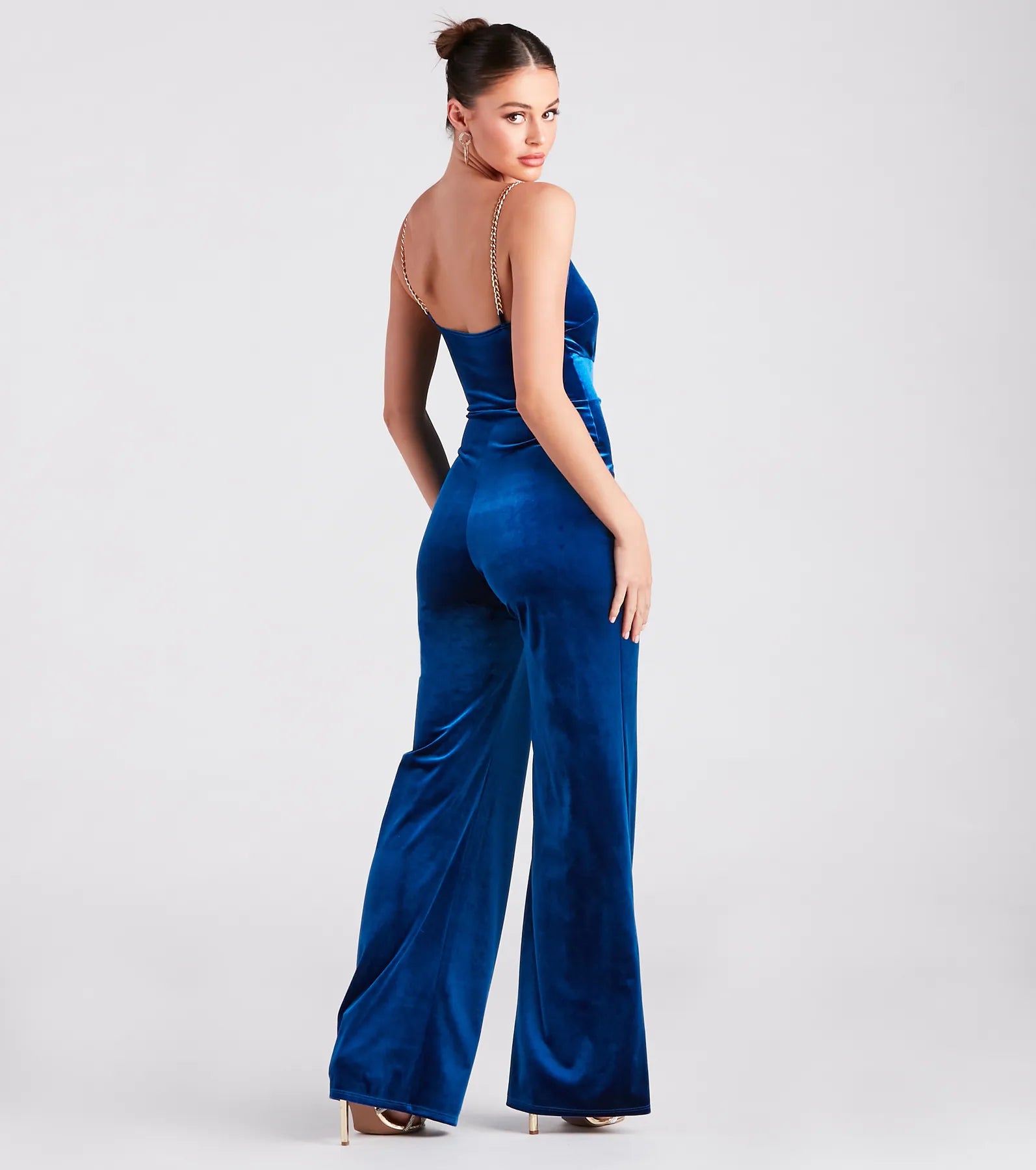 women's ankle-length jumpsuitsLuxe To The Touch Velvet Chain Strap Jumpsuit