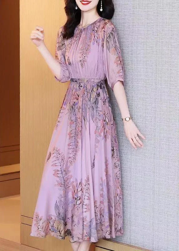 maxi dresses with mermaid silhouettesFashion Purple O-Neck Print Chiffon Maxi Dresses Summer