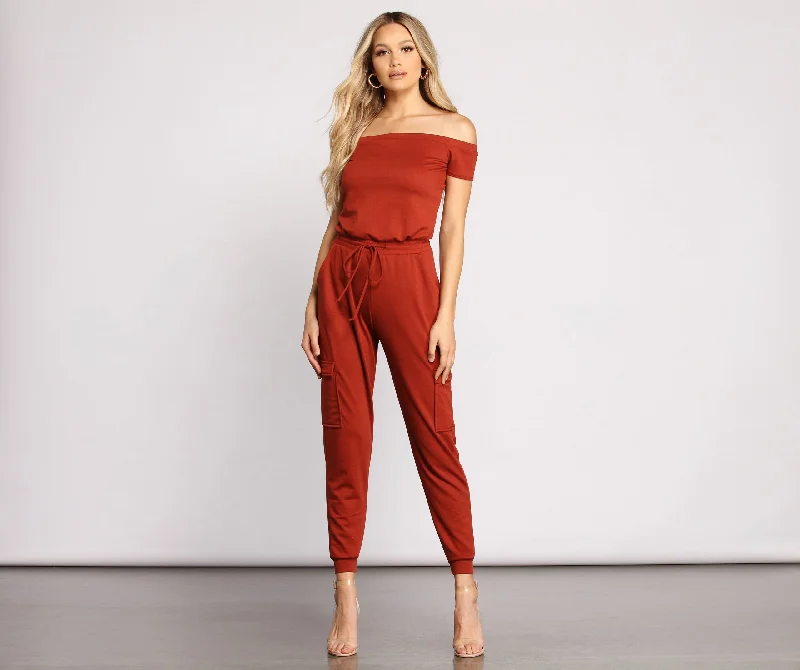 women's jumpsuits for pear-shaped bodiesCarry On In Style Off The Shoulder Cargo Jumpsuit