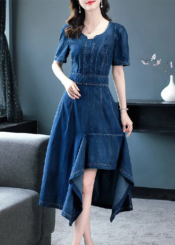 maxi dresses with low necklinesClassy Blue O-Neck Asymmetrical Patchwork Solid Cotton Holiday Denim Maxi Dress Short Sleeve