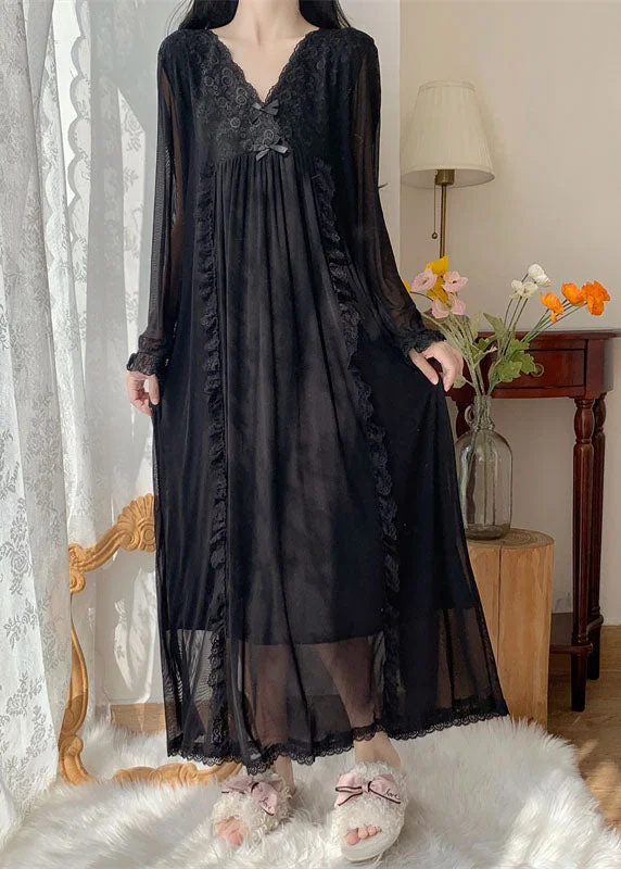 maxi dresses with high necklinesBohemian Black Wrinkled Ruffled Lace Patchwork Tulle Vacation Maxi Dresses Long Sleeve