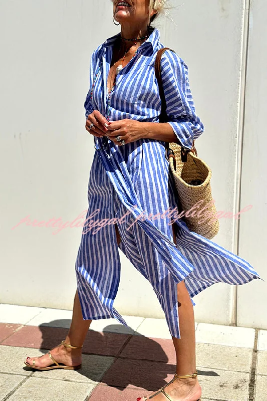 lined midi dressesSummer Splendor Printed Button Half Sleeve Belt Loose Shirt Midi Dress