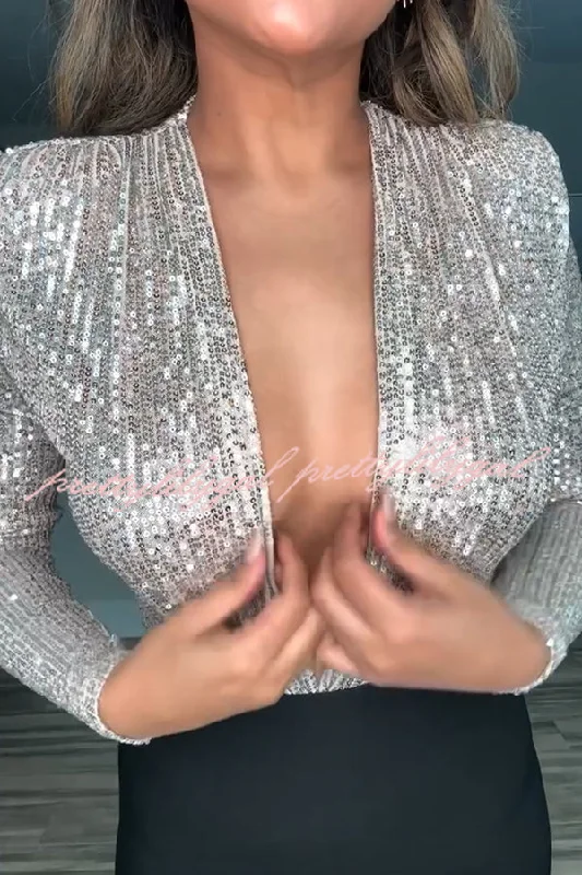 women's tops for those who love to shop for unique findsAlora Sequin Wrap Front Plunge Neck Long Sleeve Bodysuit