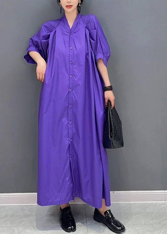 maxi dresses for cool weatherStylish Purple V Neck Puff Sleeve Cotton Maxi Dresses