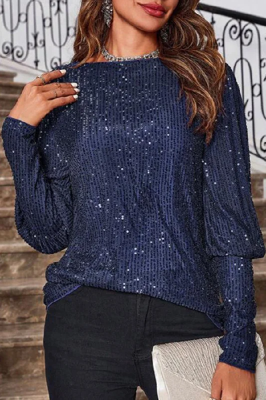 three-quarter sleeve women's topsSolid Color Sequined Round Neck Long Sleeve Loose Top