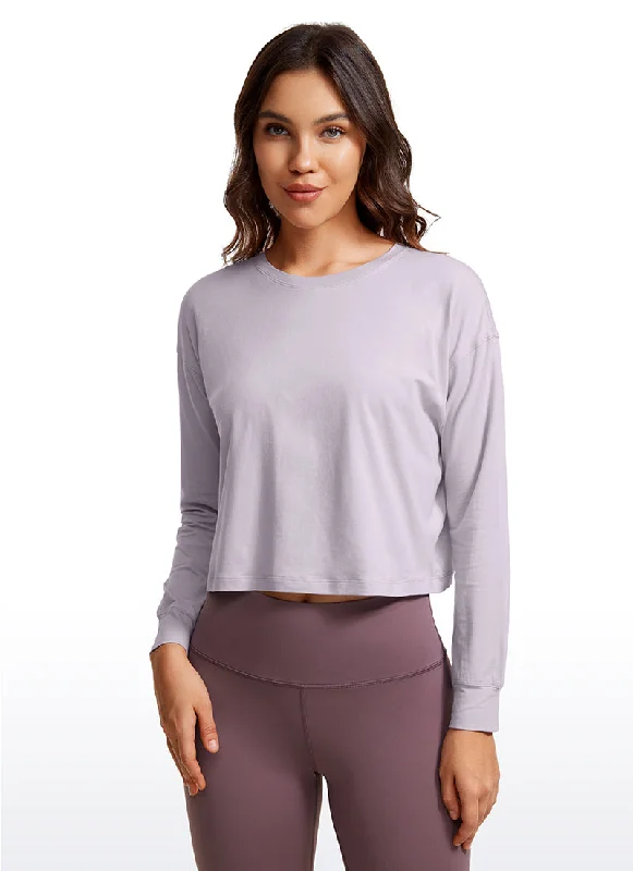 women's tops with asymmetrical designsPima Cotton Cropped Long Sleeve Loose Fit