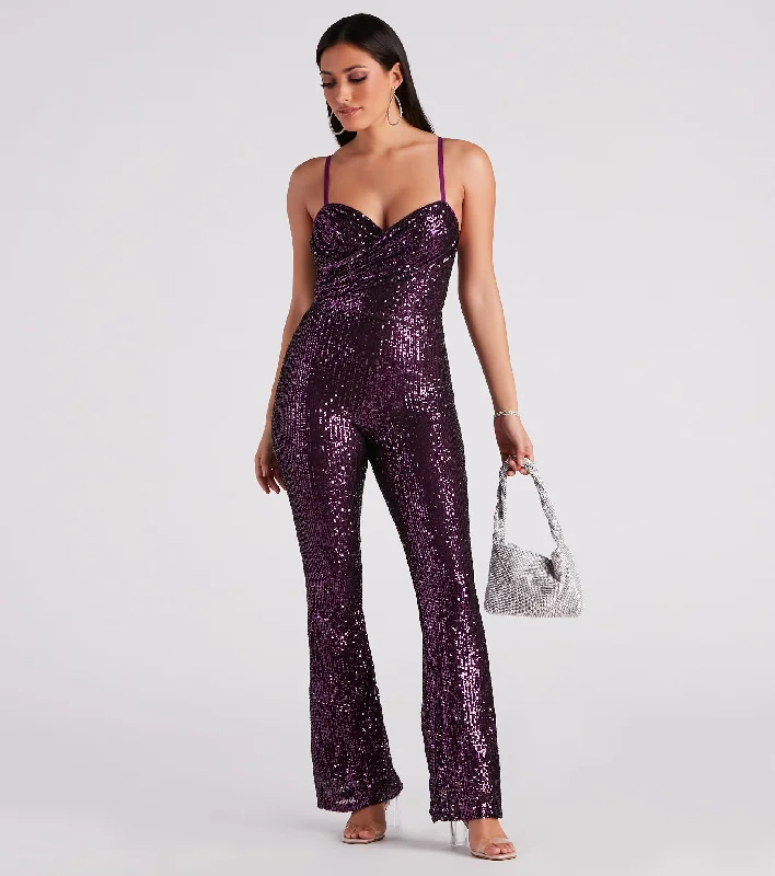 women's jumpsuits with long sleevesBedazzle Me Sequin Flare Jumpsuit