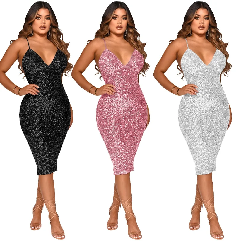 midi dresses with lace detailsWomens Dresses 2022 Elegant Backless Sexy Sequined Sling Club Midi Dress Lady Low Cut Bodycon Shinny Solid Color Dresses