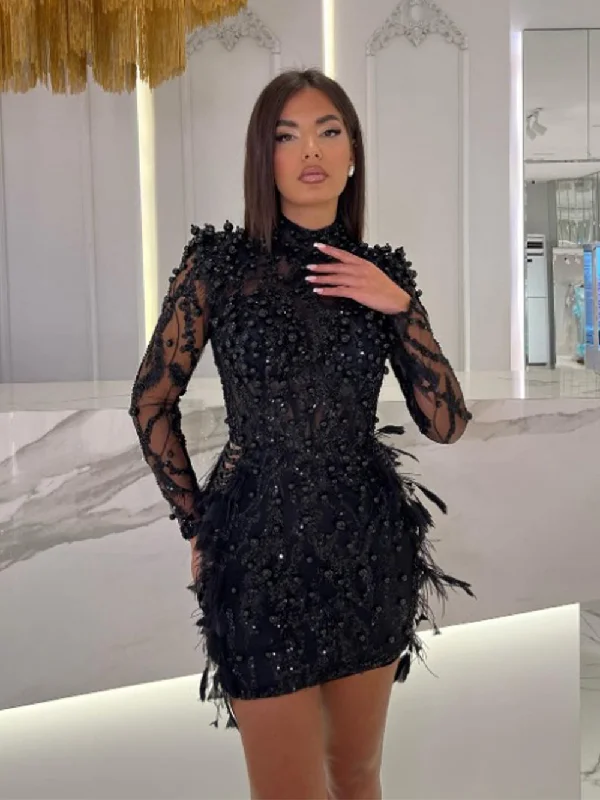 black lace Mimi dresses for eveningHigh Neck Long Sleeve Elaborate Mini Bodycon Dress HT1098