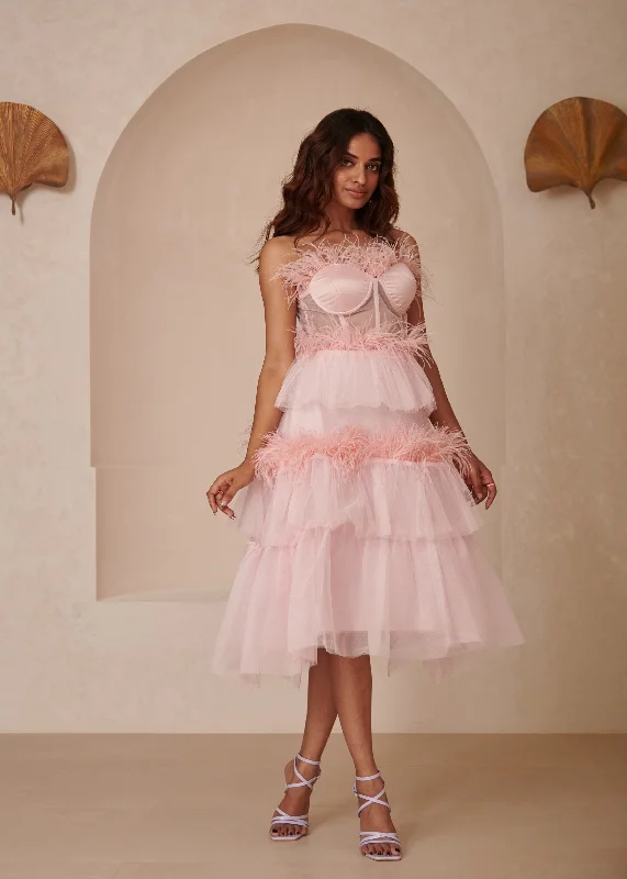 mini midi dressesAiko Pink Feather Ruffled Corset Midi Dress