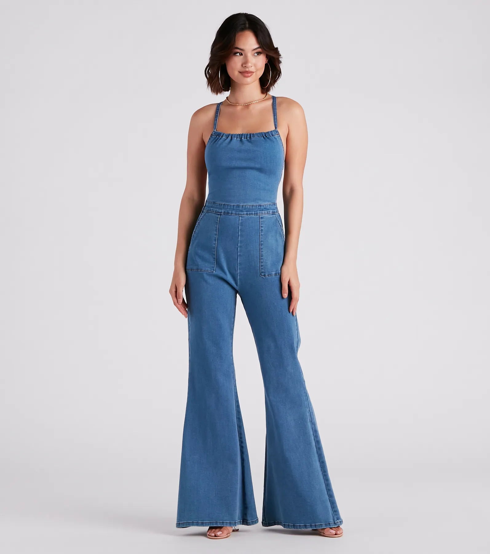 women's jumpsuits made of chiffonSo Major Halter Lace-Up Denim Jumpsuit