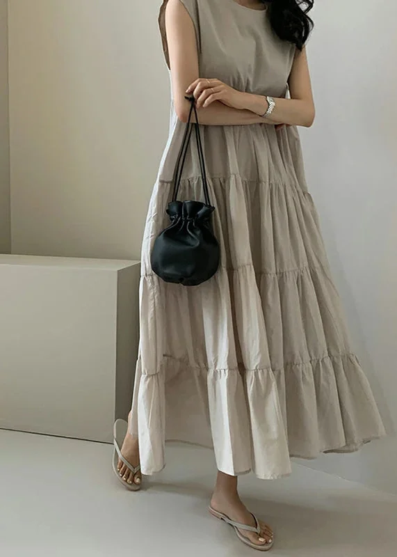 maxi dresses with high slitsSolid Color Sleeveless V-neck Pleated Layered Lace Up Daily Casual Maxi Dress Apricot