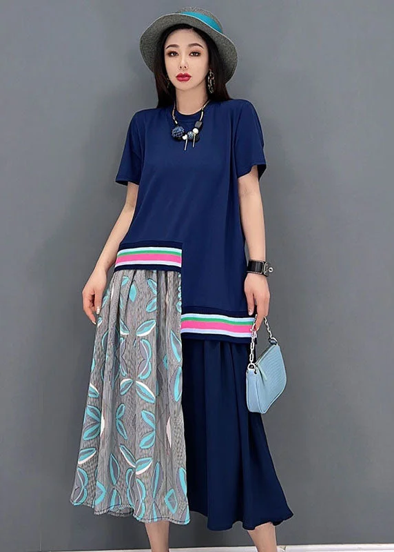 maxi dresses for destination weddingsCasual Blue O-Neck Asymmetrical Design Cotton Maxi Dress Short Sleeve