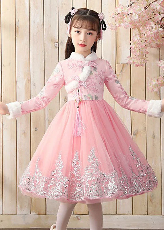 maxi dresses for mother of the groomBoutique Pink Fur Collar Tulle Patchwork Warm Fleece Girls Maxi Dresses Winter