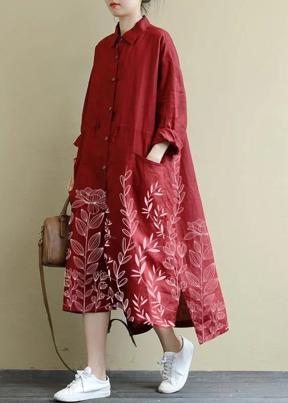 elegant maxi dressesRed-flowers Linen Shirt Dress Casual Oversize Spring Maxi Dresses