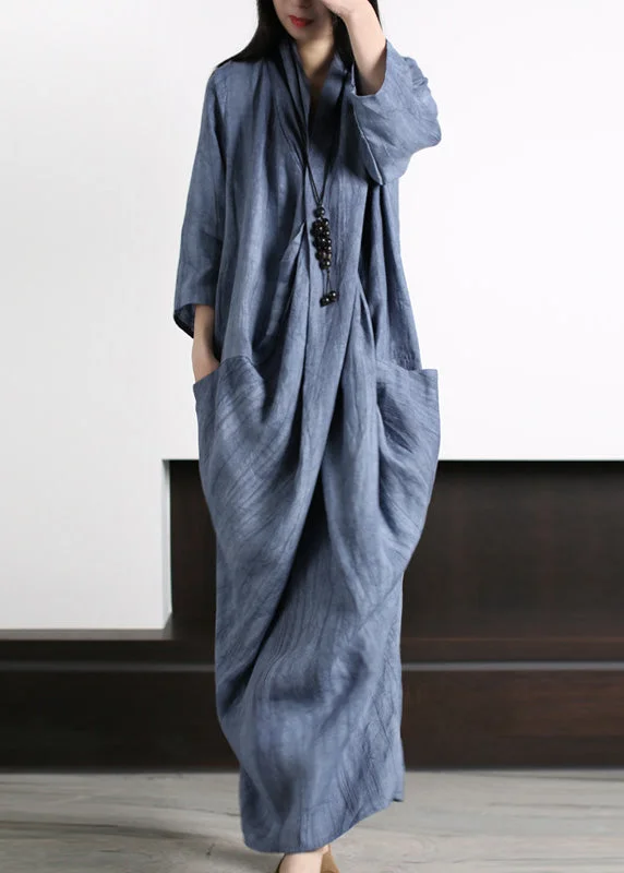 maxi dresses under $100Vetro Blue V Neck Print Wrinkled Asymmetrical Linen Maxi Dress Long Sleeve