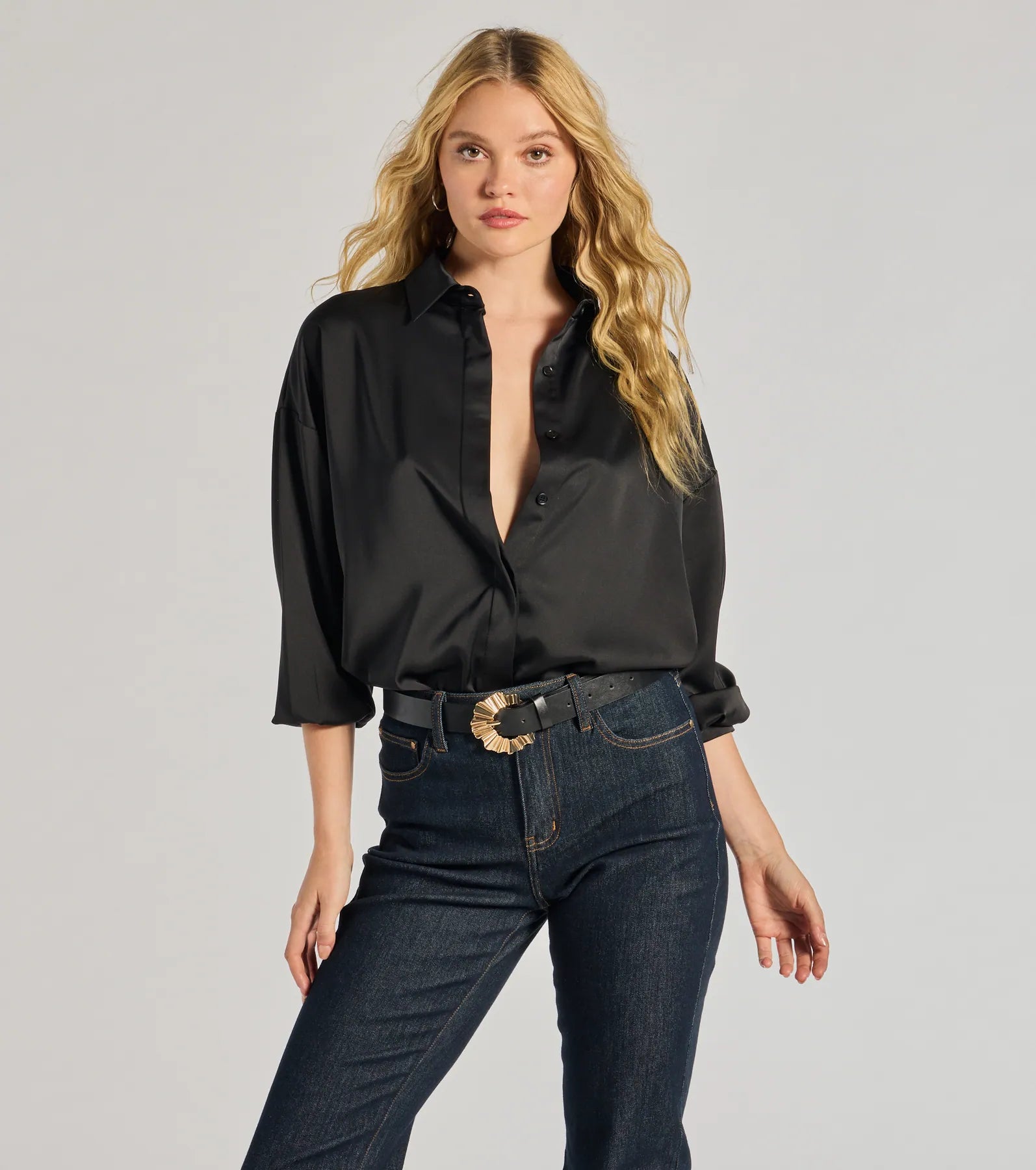 women's tops for those who want to stay cool and chic during warmer weatherAlways Chic Satin Button-Down Long Sleeve Top