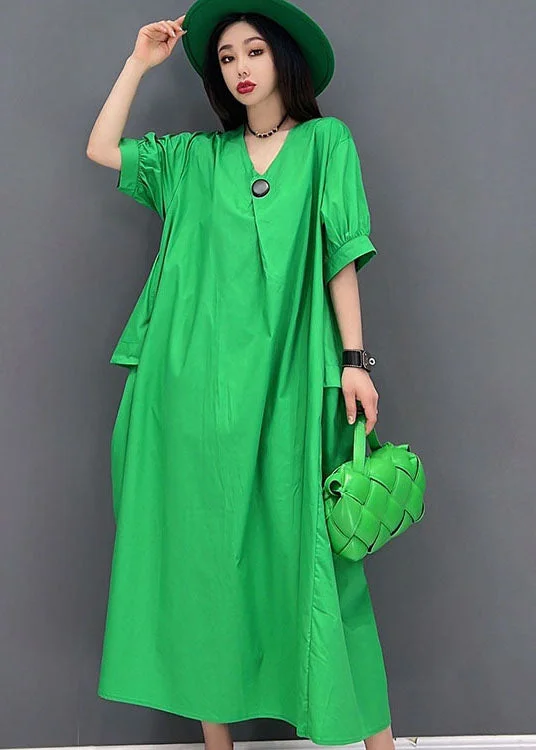 maxi dresses for teensPlus Size Solid Green V Neck Big Pockets Cotton Maxi Dress Short Sleeve