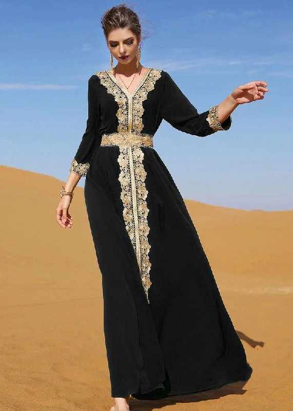 maxi dresses with spaghetti strapsSlim Fit Black V Neck Lace Patchwork Party Maxi Dress Long Sleeve