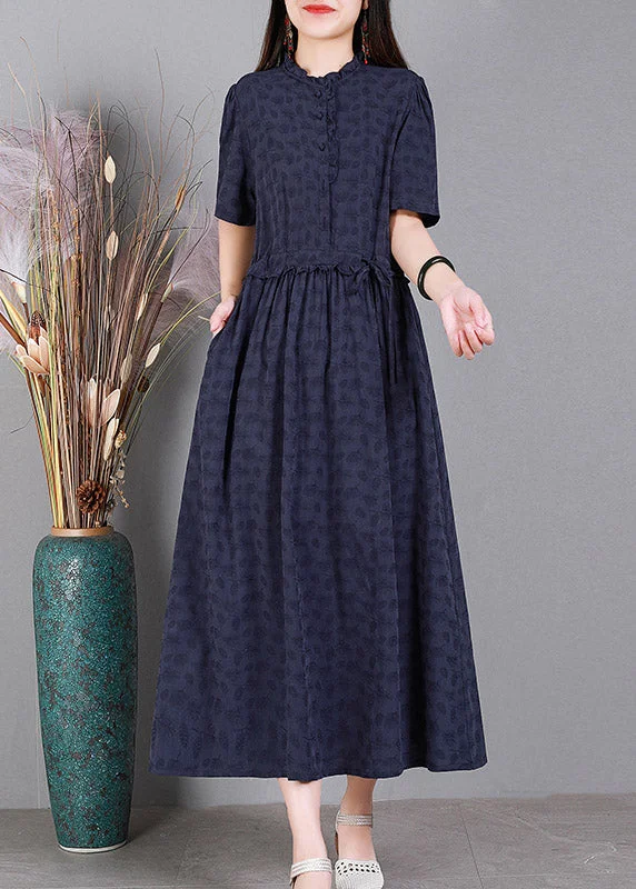 maxi dresses with cap sleevesDiy Navy Blue Print Ruffled Button Linen Maxi Dresses Short Sleeve