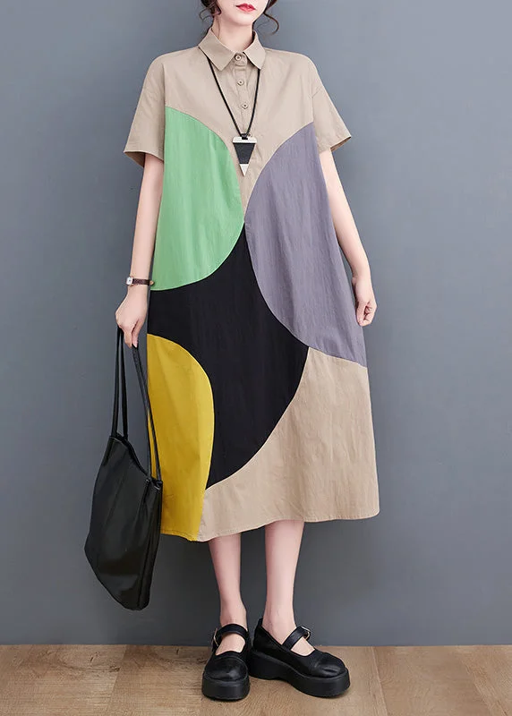 elegant maxi dressesVogue Khaki Peter Pan Collar Print Button Maxi Shirt Dresses Short Sleeve