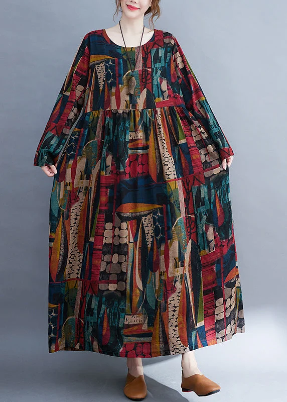 casual maxi dressesVintage O-Neck Patchwork Print Cotton Cozy Maxi Dress Long Sleeve