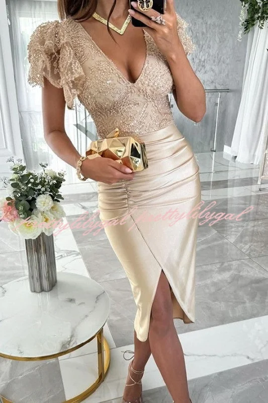 midi dresses with buttonsDreamy Luxury Lace and Satin Patchwork Ruffle Sleeve Ruched Midi Dress