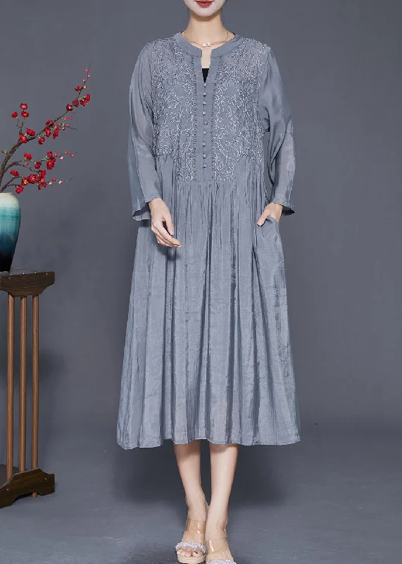 maxi dresses with cap sleevesStyle Grey Embroideried Silk Maxi Dresses Fall