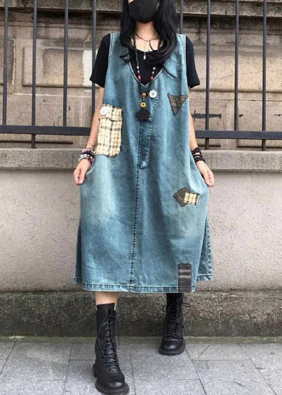 maxi dresses with long sleevesElegant Blue V Neck Patchwork Denim Maxi Slip Dress Sleeveless