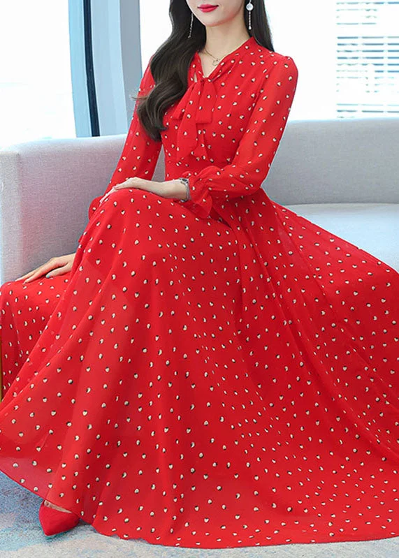 maxi dresses with back pocketsBohemian Red V Neck Bow Print Chiffon Maxi Dresses Lantern Sleeve