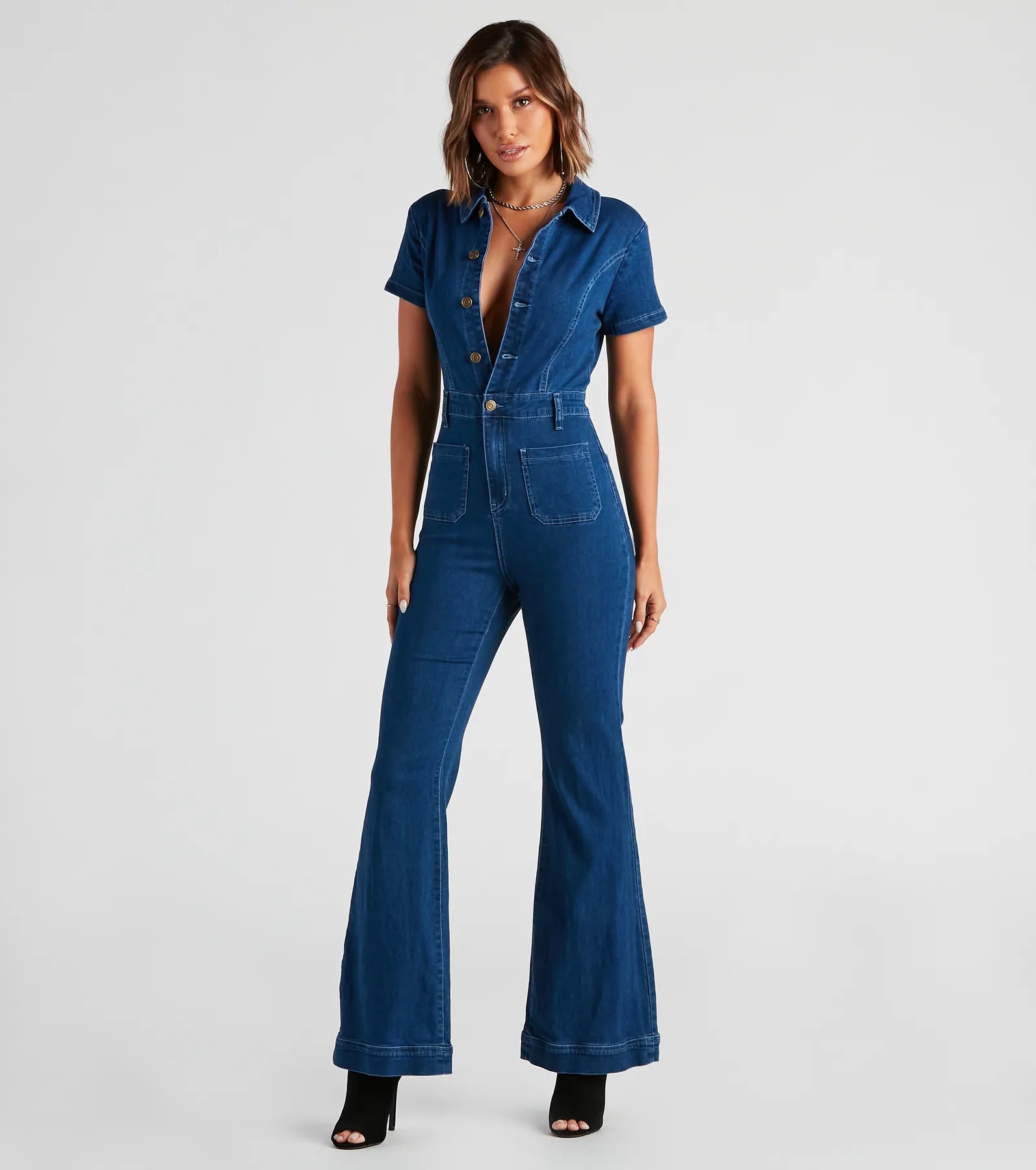 women's jumpsuits with bow tiesGimme The Flare Denim Jumpsuit