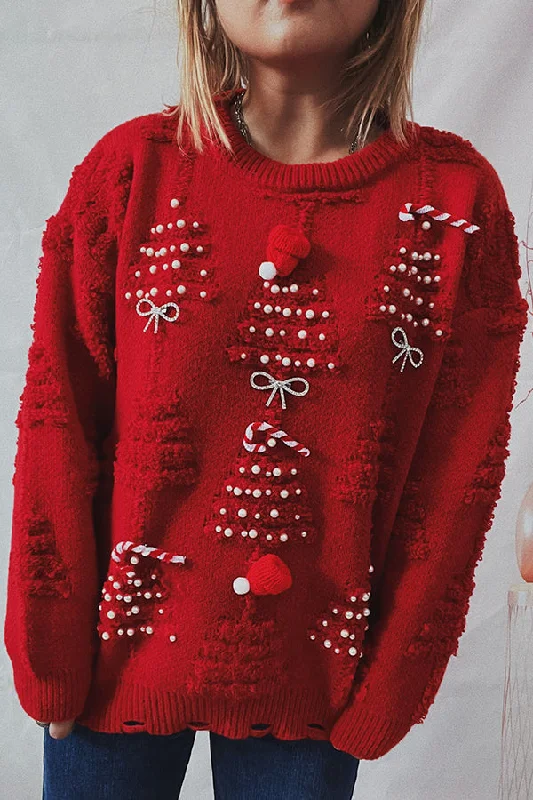 elegant women's topsChristmas Pattern Knitted Crew Neck Long Sleeved Sweater