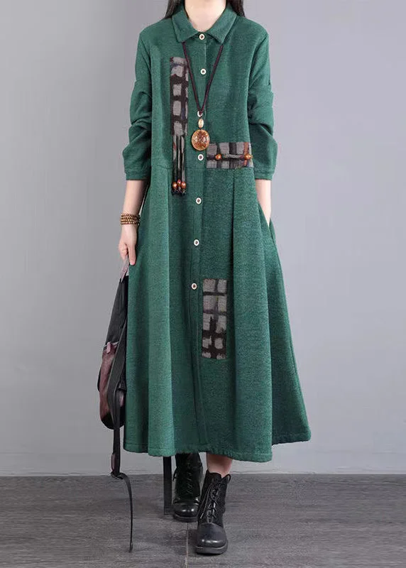 maxi dresses with buttonsGreen Pockets Patchwork Warm Fleece Maxi Dresses Peter Pan Collar Winter