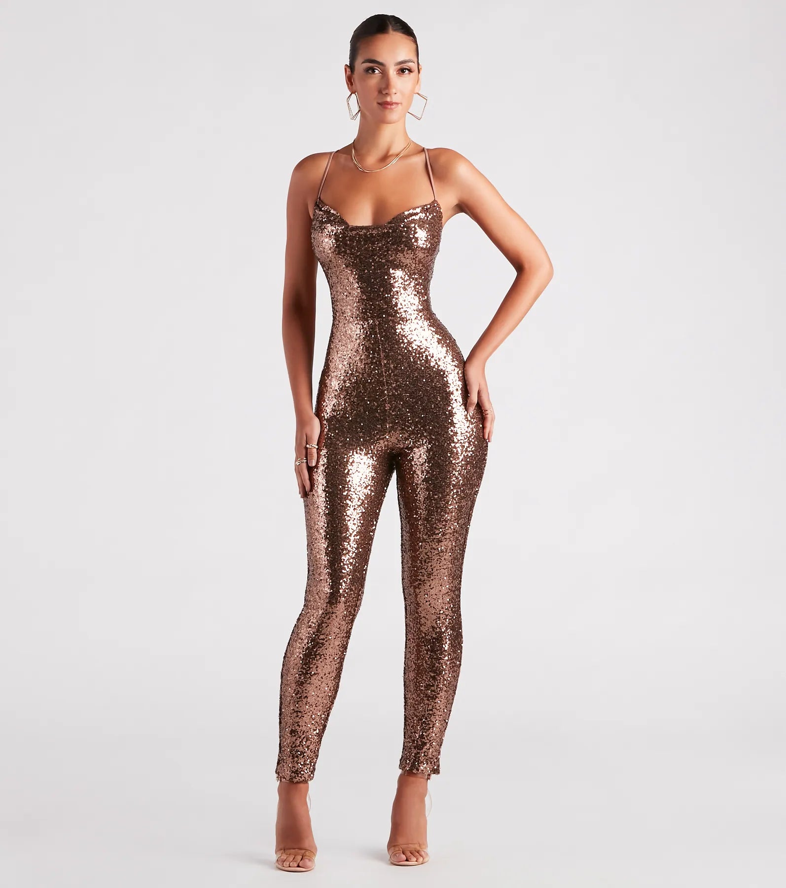 women's jumpsuits with pastel huesTwinkle And Glow Sequin Skinny Jumpsuit