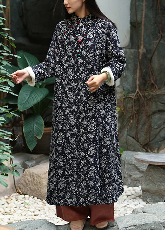 chiffon maxi dressesElegant Black Print Button Patchwork Warm Fleece Maxi Dresses Winter