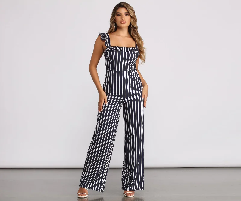 women's jumpsuits for ethical manufacturingSleeveless Ruffled Striped Jumpsuit