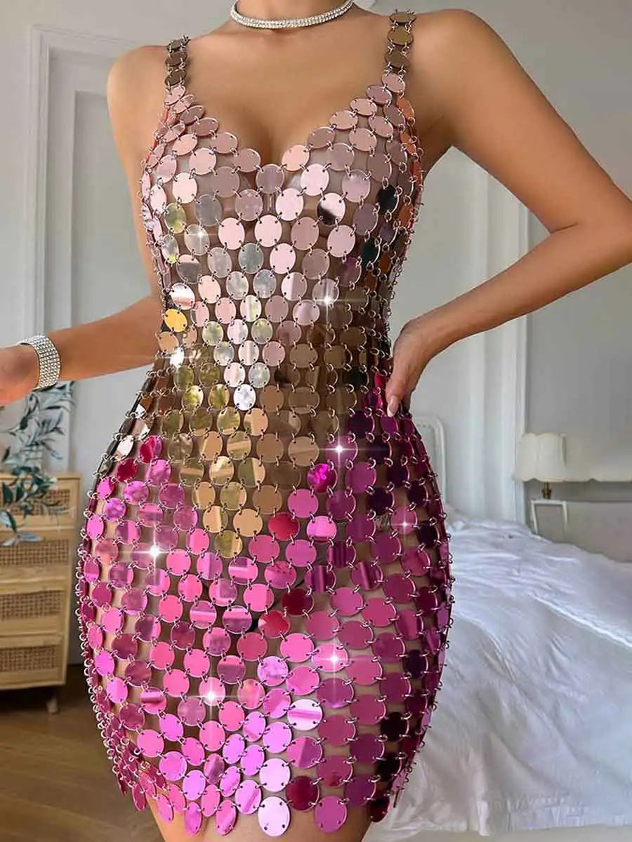 high-low Mimi dresses trendPink Chainmail Dress - Pink Sparkle Mini Dress - Disco Gradient Sequin Dress