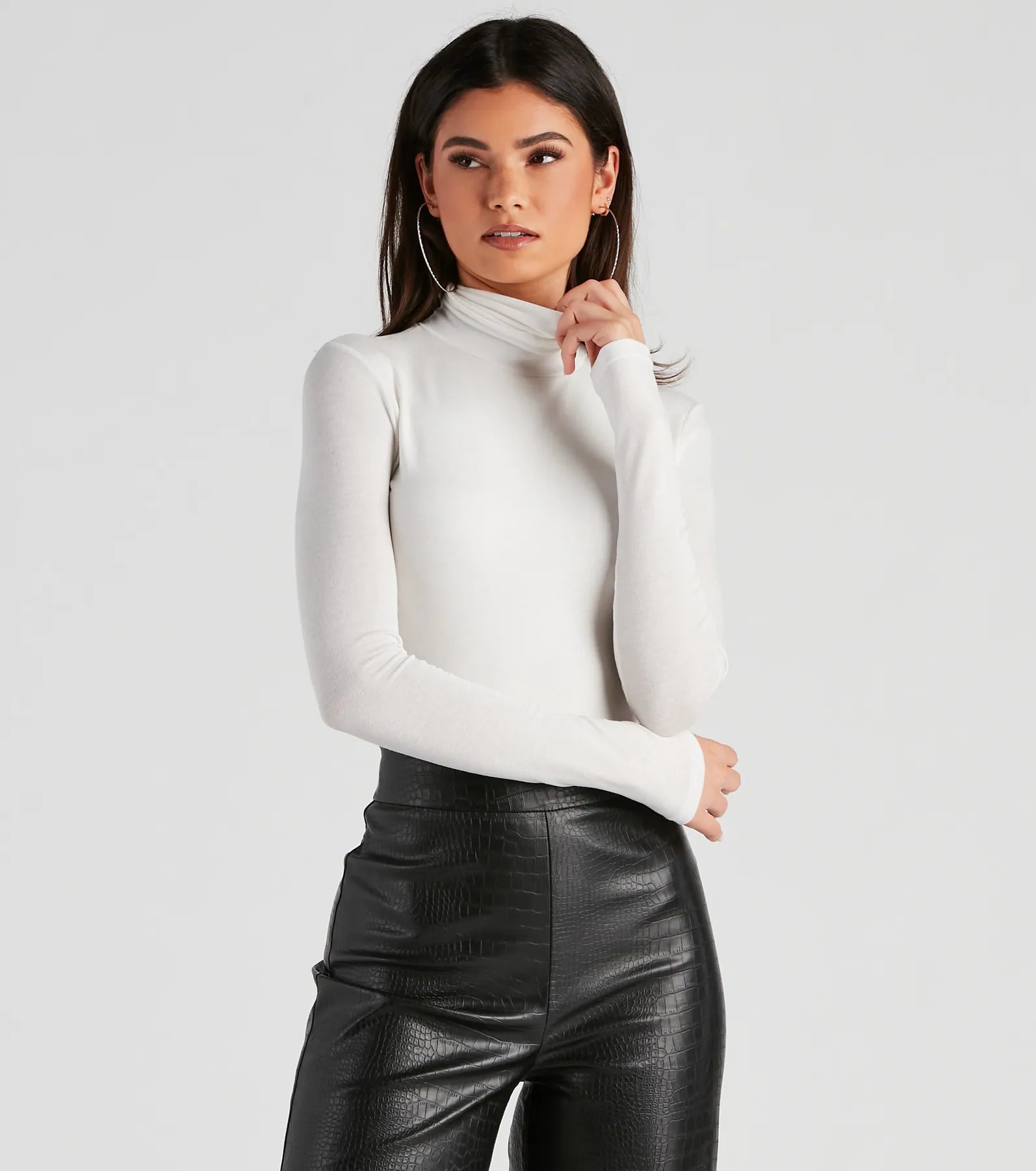 women's tops for those who want to create outfits that reflect their personal style and sense of fashionBasic Long Sleeve Crepe Turtleneck Bodysuit